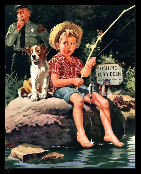 VINTAGE 1950 S TROUBLE BREWING BOY FISHING ART PRINT BY FRANCES