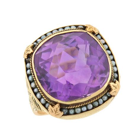 Late Victorian 14kt Gold Amethyst And Seed Pearl Ring A Brandt Son