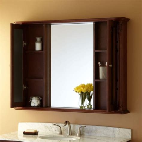 Large Brown Wood Medicine Cabinet With Mirrored Doors And Shelves