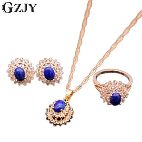 Gzjy Fashion Party Jewelry Set Rose Gold Color Lapis Lazuli Zirconia Pendant Necklace Earrings