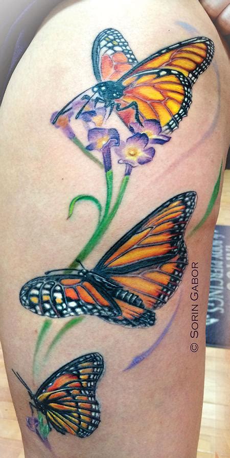 Realistic Color Monarch Butterfly Tattoo On Thigh By Sorin Gabor Tattoonow