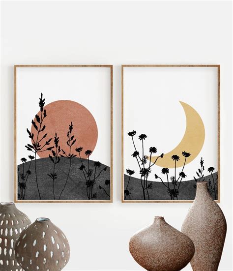Boho Sun And Moon Print Set Of 2 Abstract Landscape Wild Flowers