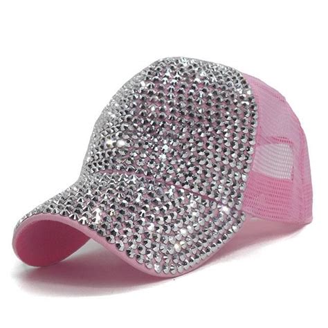 Silver Rhinestone Pink Mesh Baseball Cap Кепка Головные уборы Шапка