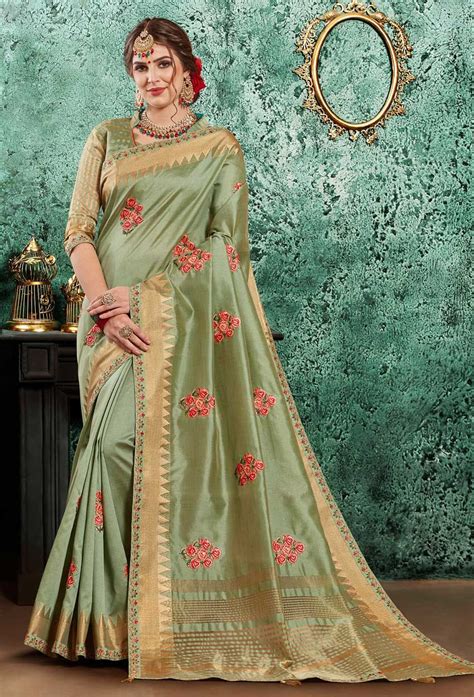 Green Raw Silk Embroidery Saree Fancy Sarees Traditional Sarees Saree Designs