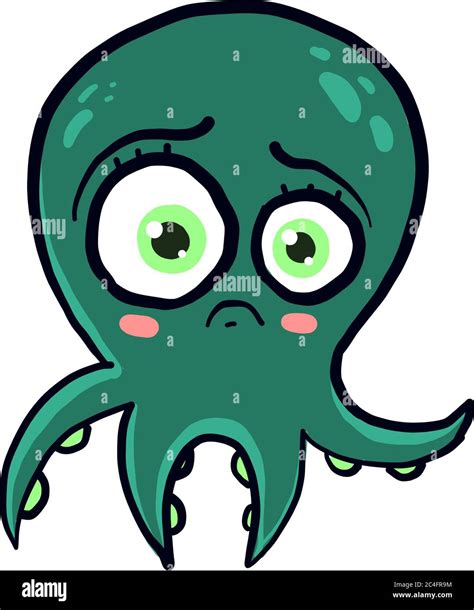 Green Sad Octopus Illustration Vector On White Background Stock