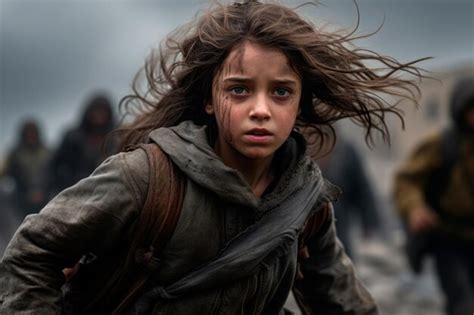 Premium Ai Image A Portrait Of A Young Girl Fleeing A War Zone With A