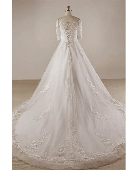 Custom Ivory Formal Beaded Lace Wedding Dress With Half Sleeves Plus