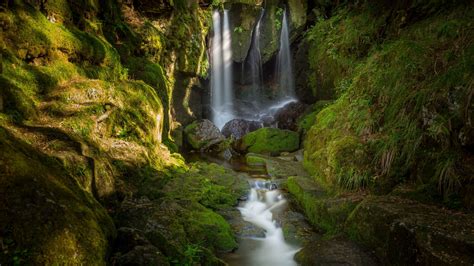 Download Wallpaper 2560x1440 Waterfall Stones Moss Water Stream