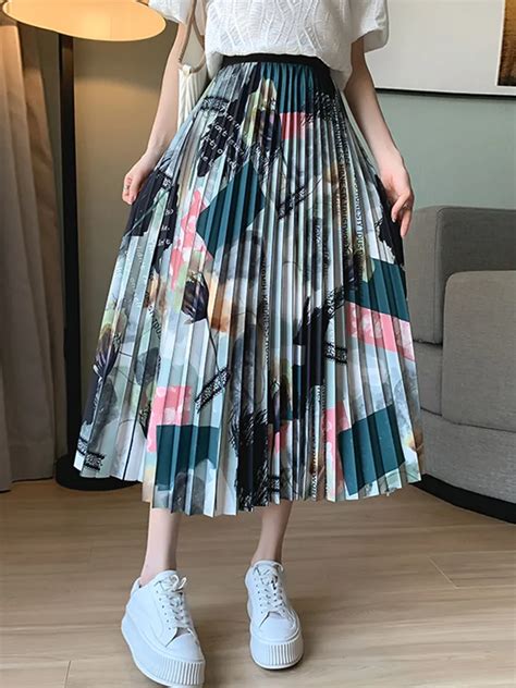 TIGENA Vintage Pleated Midi Long Skirt For Women 2023 Spring Summer