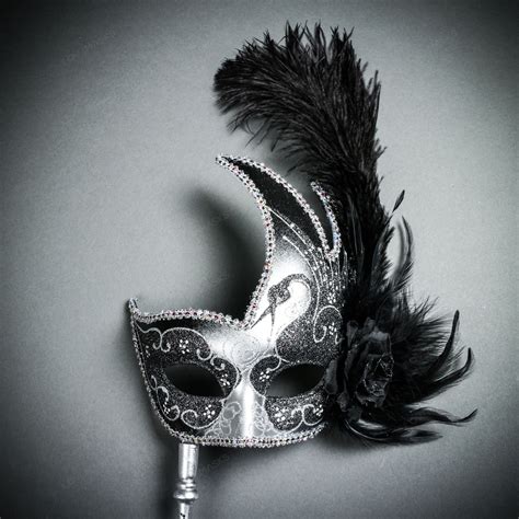 Venetian Feather Masquerade Mask With Stick Silver Black