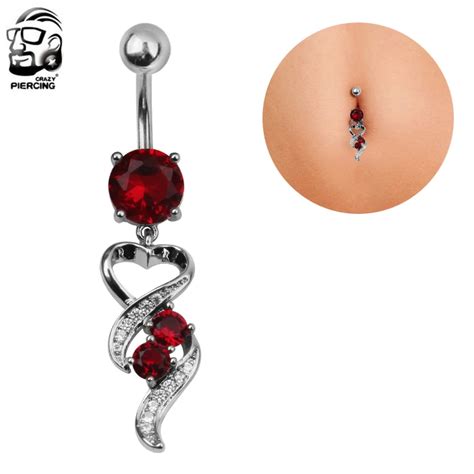Trendy Red Zircon Heart Navel Bars Belly Button Ring Navel Piercing Jewelry 316l Stainless Steel