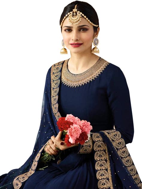 Dark Blue Embroidered Georgette Unstitched Salwar Kameez With Dupatta