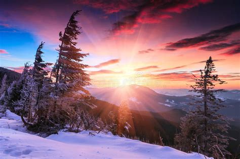 Colorful Winter Morning In The Mountains Dramatic Overcast Skyview Of