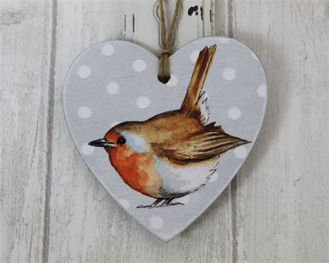 Robin Wooden Hanging Heart Hanging Decorations T Tags Etsy