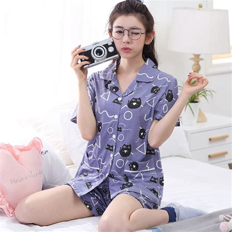 Cute Character Owl Pajamas Sets Sexy V Neck Women Short Sleeve Clothes