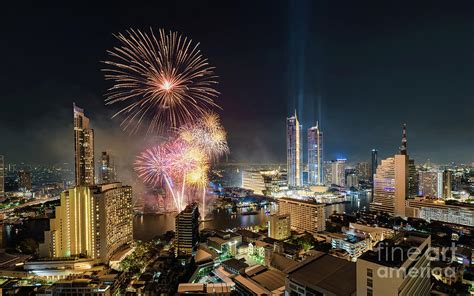 Celebration Of New Year With Colorful Fireworks On Chao Phraya