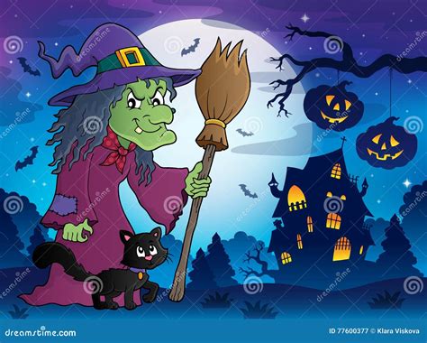 Witch With Cat And Broom Theme Image 8 Stock Vector Illustration Of