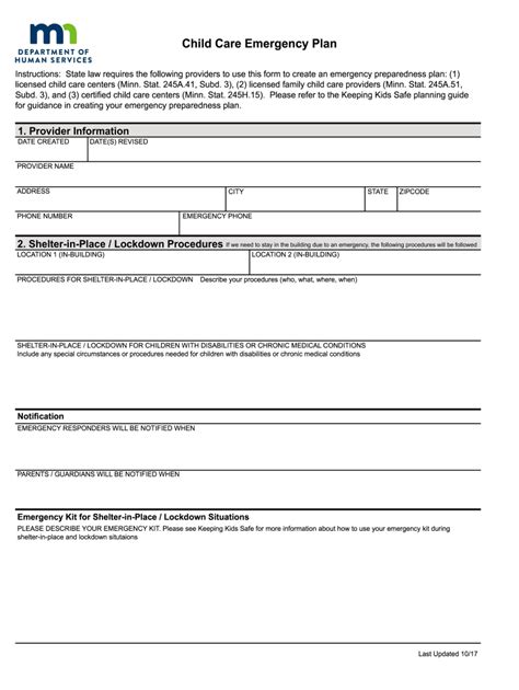 Mn Child Care Emergency Plan 2017 Fill And Sign Printable Template