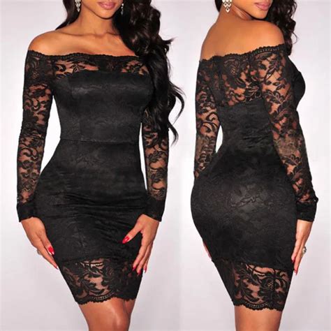 Solid Black Womens Lace Party Dress Long Sleeve Off Shoulder Sexy Hollow Out See Through Bodycon