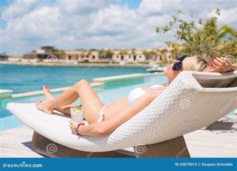 Woman Relaxing In Deck Chair By The Pool Stock Image Image Of Living