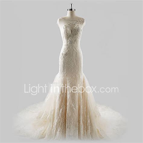 Fit And Flare Wedding Dress Court Train Jewel Lace Tulle With Beading