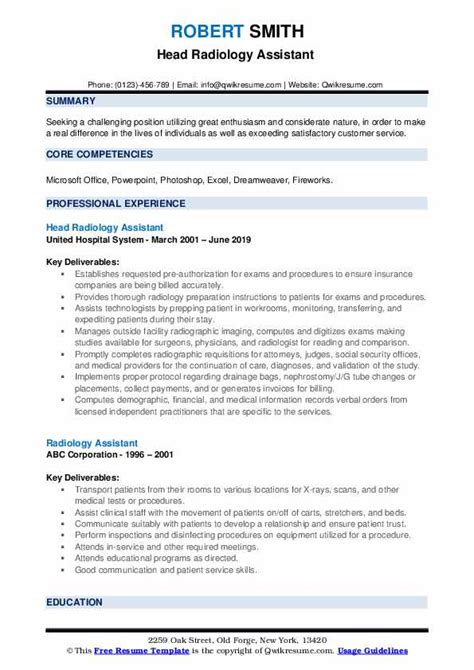 radiology assistant resume samples qwikresume