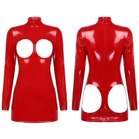 Womens Wet Look Patent Leather Long Sleeve Zipper Mini Dress Bodycon Party Club Ebay
