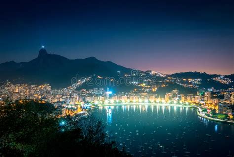 Night View Of Botafogo And Corcovado In Rio De Janeiro Stock Photo