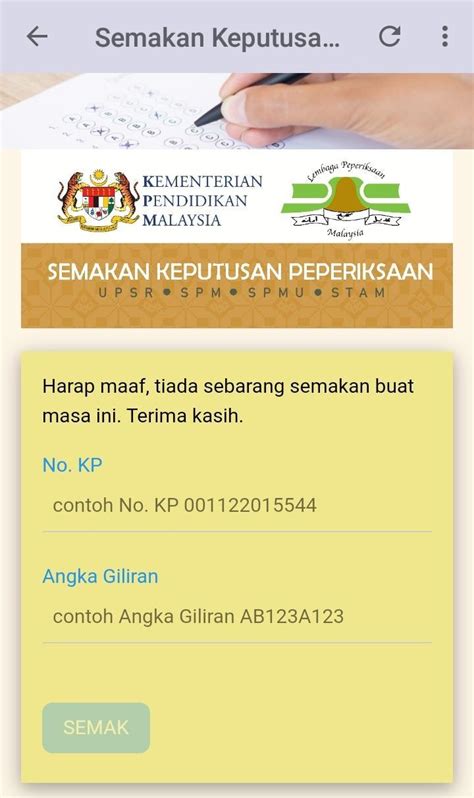 Semak semula spmu di sini (prosedur telah pun ditetapkan oleh kpm). No Angka Giliran Spm