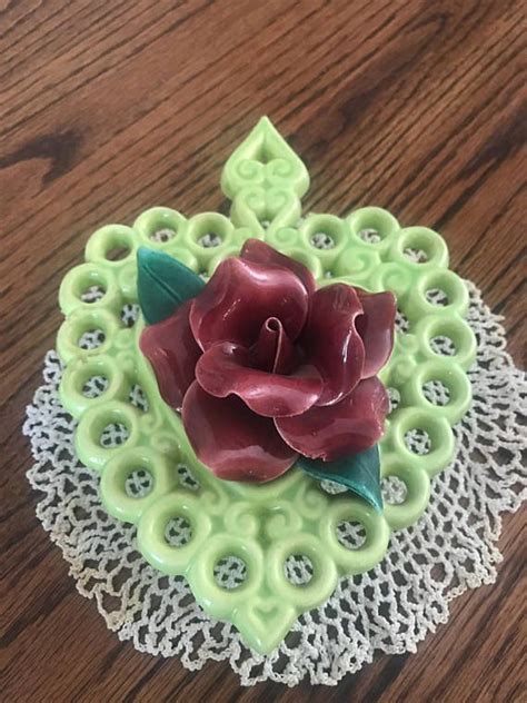 Vintage Lime Green And Mauve Red Rose Wall Pocket Measurements In