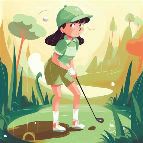 Girl Golfer Playing A Green Background Cartoon Illustration With