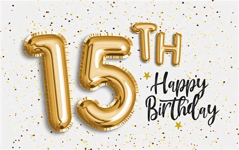 Happy 15th Birthday Gold Foil Balloon Greeting Background Stock Photo