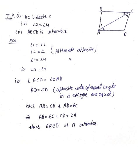Diagonal AC Of A Parallelogram ABCD Bisects A Show That I It Bisects C Also Ii ABCD Is A Rhombus