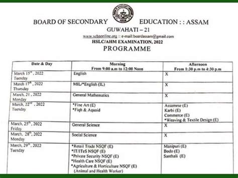 Assam HSLC Routine 2022 OUT SEBA Class 10 Exam Time Table And Dates