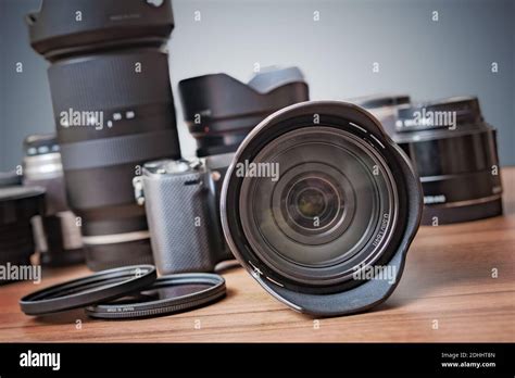 Digital Dslr Camera Many Lenses Filters And Equipment Stock Photo Alamy