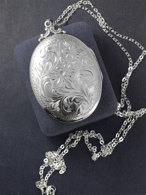 Large Oval Sterling Silver Locket Necklace Vintage Floral Engraved