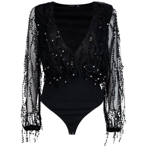 Boohoo Eva Wrap Front Long Sleeve Sequin Bodysuit | Boohoo ($44) liked on Polyvore featuring ...