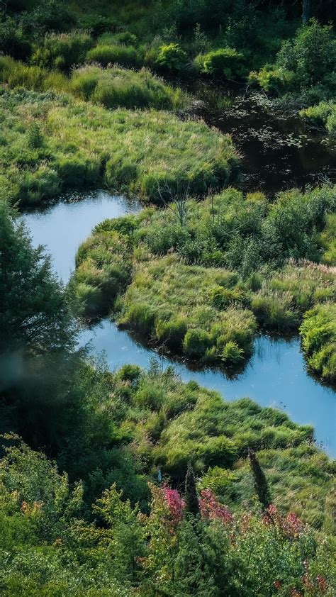 Download Wallpaper 1350x2400 River Meadow Grass Landscape Aerial