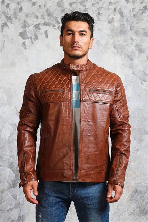 Mens Brown Biker Jacket Diamond Quilted Leather Jacket