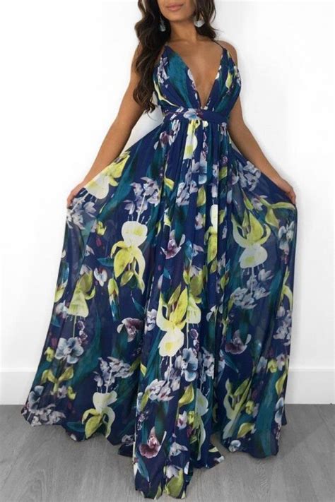 New Trendy Cute Maxi Dress Sexy Floral Print Deep V Neck Gowns Gotita Brands
