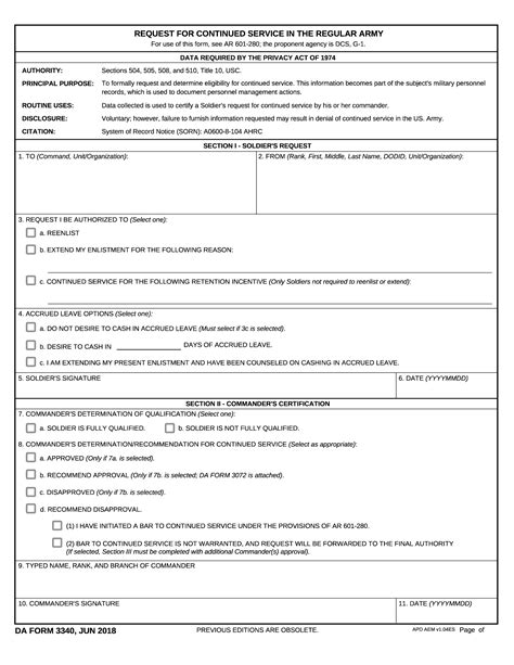 Da Form 3340 Request For Continued Service In The Regular Army Forms
