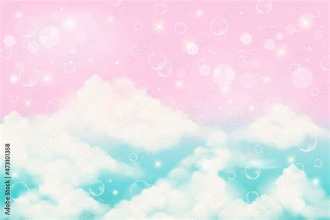 Holographic Fantasy Rainbow Unicorn Background With Clouds And Bubbles