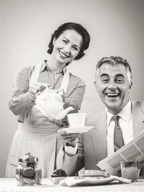 1950s Style Couple Having Breakfast Stock Image Image Of Happiness
