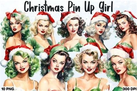 1 Vintage Christmas Pin Up Girl Watercolor Designs And Graphics