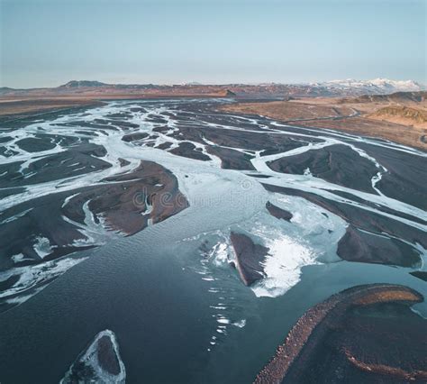 Beautiful Aerial View Of Glacier River System In Iceland Stock Image