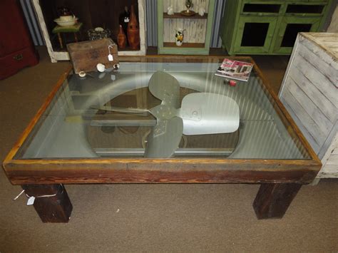 Weston home factory rectangle wood coffee table. AMAZING industrial fan repurposed into a coffee table ...