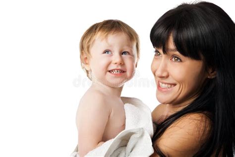 Mother With Her Baby After Bathing In White Towel Stock Photo Image