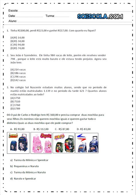 Avaliação 4 Atividades De Matemática 4º Ano — SÓ Escola