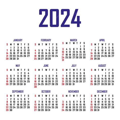Calendário 2024 A Semana Começa No Domingo Modelo De Calendário Simples