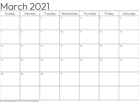 Standard March 2021 Calendar Template In Landscape